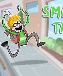 An illustrated boy running along a train station platform with a smile on his face and arms outstretched. The words 'Small Talk are next to him.