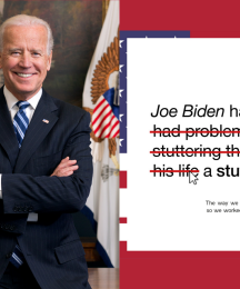 The American President Joe Biden smiling for the camera, next to some text, some of it crossed out. 