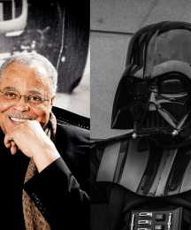 A man smiling for the camera and a person in a Darth Vader costume