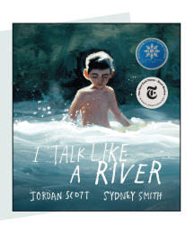 The illustrated front cover of a book, of a boy in a river