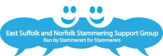 Speech bubbles with 'East Suffolk and Norfolk Stammering Support Group' inside. Two illustrated smiling faces are above it.