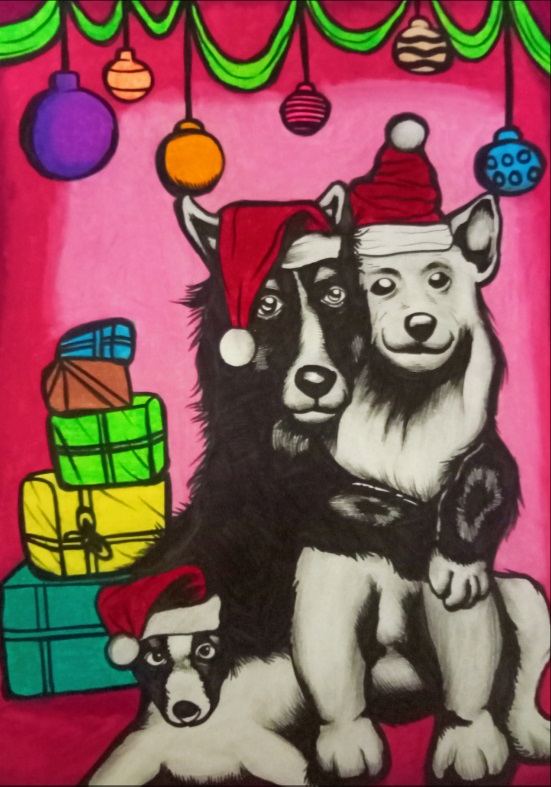 A painting of three dogs wearing Christmas hats