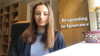 A woman looking at the camera with text saying 'Responding to ignorance' next to her