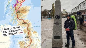 Two images, a map of the UK on the left and a man standing next to a stone marker and wearing hiking gear on the right