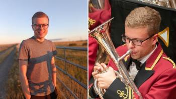 Two images, one of a man standing and looking at the camera, the second of the same person playing a brass instrument