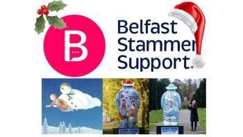 Text saying 'Belfast Stammer Support' above an animated Snowman scene and two decorated Snowmen