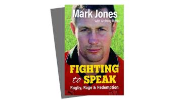 A book cover of a man's face with the text 'Mark Jones, Fighting to Speak'