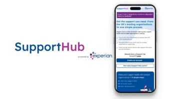 A mobile phone showing text from a webpage, with a logo next to it saying 'Support Hub powered by Experian'