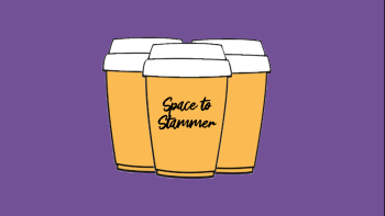 Three illustrated takeaway coffee cups, one with the handwritten slogan 'Space to Stammer'