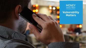 A man talking into a telephone, next to a logo saying 'Vulnerability Matters: podcast by Money Advice Trust'