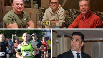 Three men sitting around a table looking at the camera, above a man running in a sponsored run, and a man in a suit
