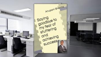 A book cover, against an empty office background