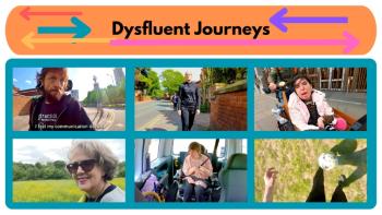 A montage featuring people walking, in wheelchairs or playing football, with 'Dysfluent Journeys' above them