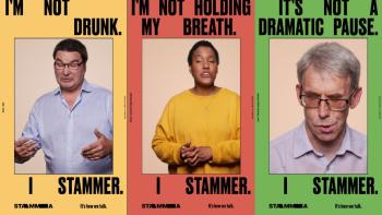 Three posters showing people mid-stammer