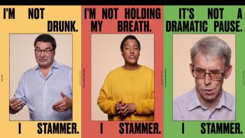 Three posters showing people mid-stammer