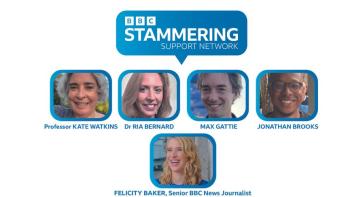 The header 'BBC Stammering Support Network', above five faces with their names underneath