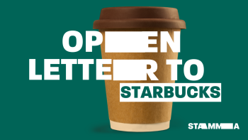 A takeaway coffee cup with 'Our open letter to Starbucks' over it