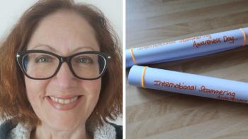 A woman smiling, next to two scrolls with 'International Stammering Awareness Day' written on them