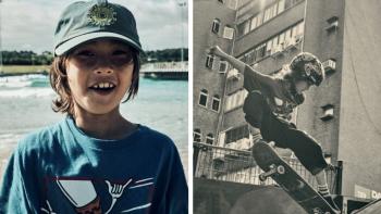 A boy in a cap smiling, next to an inset of the same boy skateboarding against a city backdrop