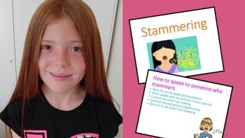A girl smiling, next to two pages of text and drawings