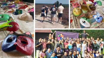 A collage, with two sets of freshly painted masks, a group of young people huddled together, and a group of hikers walking with their backs to the camera