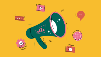 Illustration of a megaphone surrounded by icons for the web, YouTube, a camera and speech bubble