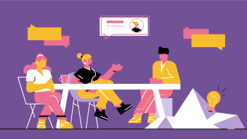Illustration of a group sat around a table in conversation