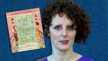 A woman looking at the camera, next to a book cover