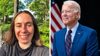 A woman smiling, next to a picture of President Joe Biden, smiling