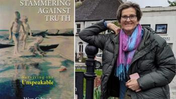 A book cover featuring three children playing on a beach with the title 'Stammering Against Truth'. Next to it is a woman smiling in an outdoor setting