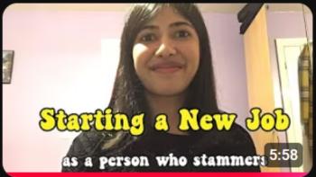 A woman smiling, with text saying 'Starting a new job as a person who stammers'