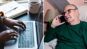 A woman's hands typing on a laptop, and a man on a sofa speaking into a phone