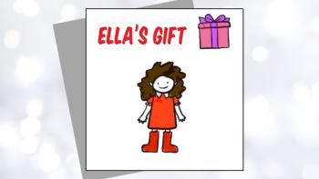 An children's drawing of a girl with the words 'Ella's Gift' above it