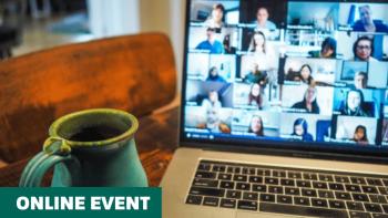 A mug next to a laptop computer. The words 'online event' are in the bottom left0hand corner