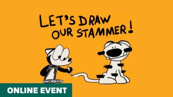 An illustrated fox and tiger, under the words 'Let's draw our stammer!'. In the bottom left-hand corner are the words 'online event'