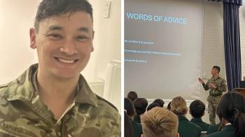 A man in an army uniform smiling, next to a photo of the same man doing a presentation at a school assembly