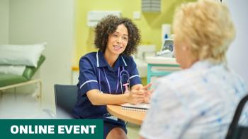 A female nurse at a desk talking with a patient. In the bottom left-hand corner are the words 'online event'