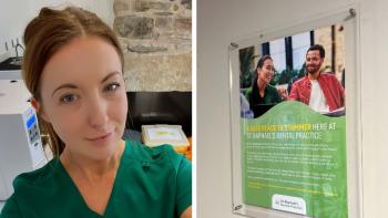 A woman in a medical uniform smiling, next to a poster