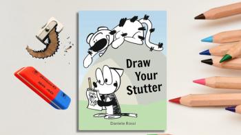 A book cover, surrounded by colouring pencils, a pencil sharpener and an eraser