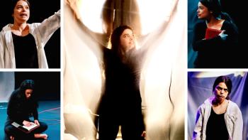 A woman performing on stage in a play, in five different poses