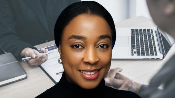 A woman smiling with a background scene of a job interview in progress
