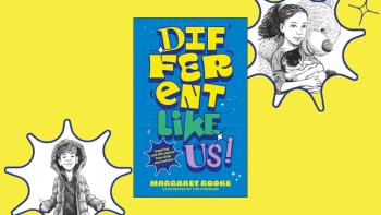 A book cover with two line drawings of a girl and a boy next to it