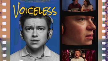 A film poster featuring a man earing headphones, with scenes from the film next it