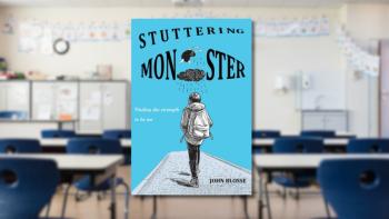 A book cover with an empty classroom in the background