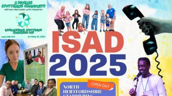 'ISAD 2024', surrounded by a group of adults, a woman, a group of children and a man speaking into a microphone