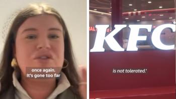 A woman talking, next to a KFC logo