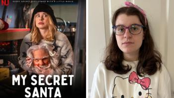 A film poster and a young woman looking serious