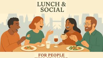 Four illustrated people eating a meal and chatting in a restaurant, with 'Sunday Socials: Lunch & socials for people who stammer' around them