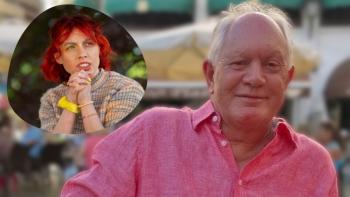 A man sitting outdoors and smiling, with an inset of a woman with her hands clasped together