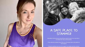 A woman in a running vest and a poster featuring the same woman with her family